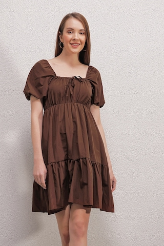 Bigdart 2351 Kloş Poplin Elbise - Kahverengi 001