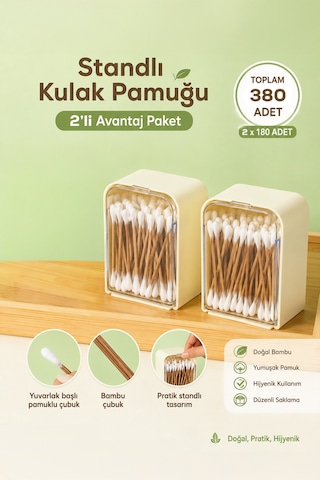 Porsima 3135 Doğal Ahşap Bambu Saplı Standlı 2li Kulak Temizleme Çubuğu Seti- 360 Adet