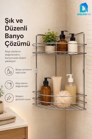 2 Katlı Gümüş Banyo Duş Rafı Metal Köşe Şampuanlık Sabunluk Banyo Düzenleyici Raf Metalik