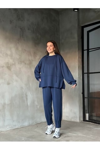 Kadın Oversize Fermuarlı Kapüşonlu Sweatshirt Pileli Paça Tesettüre Uygun Spor Şık Eşofman Takımı Lacivert