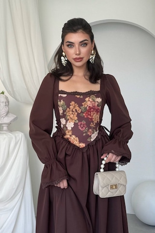 Nils Boutique Vintage Korsajlı Midi Elbise Kahverengi