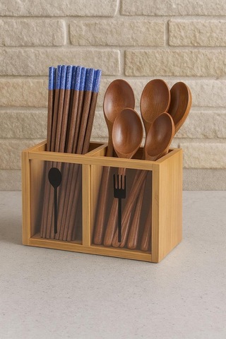Bambu Ikili Kaşıklık Kutusu, Bambu Çatal Kaşıklık 5x13cm Bej 4 X 18 Çok Renkli