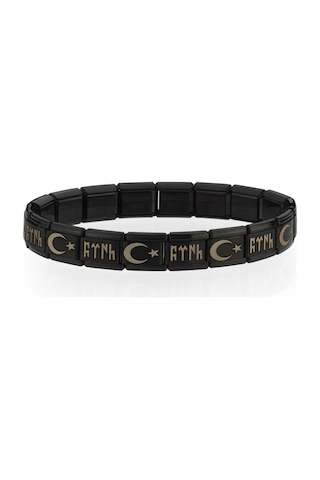 Ay Yıldızlı Göktürkçe Türk İtalyan Charm Unisex Çelik Bileklik Scb60 Siyah