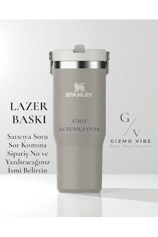 Kişiselleştirilebilir Stanley The Iceflow Flip Straw Pipetli Termos Bardak Stanley 0.89 L Özel İsimli Gri