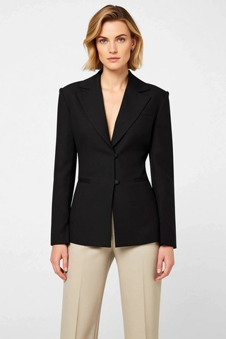 Benerly Kadın Ceket Yaka Uzun Kol Standart Kalıp Düz Dokuma Blazer Fonksi Siyah