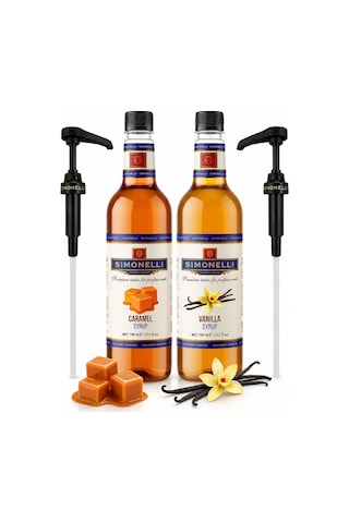 Simonelli Karamel + Vanilya Aromalı Gurme Şurup Paketi + Pompa Kahve ve Kokteyl Şurubu Seti 2 x 700 ML