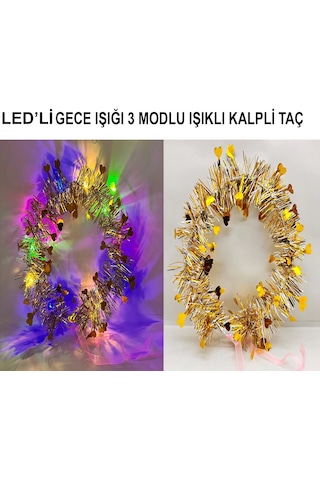 Kalp Püsküllü Gece Parıltısı 3 Modlu Led39li Işıklı Taç Altın Renk "