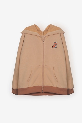 Luess Unisex Çocuk Kedi Nakışlı Fermuarlı Kapüşonlu Hırka Bej