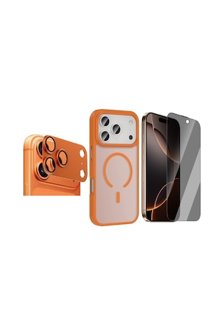 Vendas Apple iPhone Uyumlu 17 Pro Kılıf M-safe Şarj Özellikli Mat Arka Yüzey Zore Sio Kapak +lens +ekran Koruyucu Turuncu
