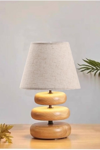 Afro Masif Ahşap Ayaklı Krem Keten Kumaş Şapkalı Dekoratif Abajur Keten