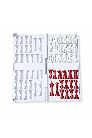 Katlanabilir Mini Satranç Takımı Beyaz & Kırmızı 21 X 21 Cm Taşınabilir Pratik Satranç Seti