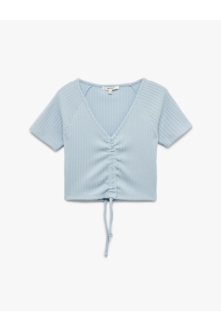 Koton Büzgülü Slim Fit V Yaka Kısa Kollu Crop Tişört Mavi 5sak50248ek Mavi