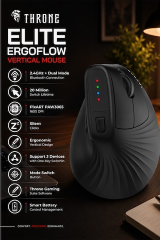 Elıte Ergoflow Dikey Ergonomik Kablosuz Mouse 2.4ghz + Bluetooth, 1600 Dpı, 20 Milyon Tıklama Ömrü