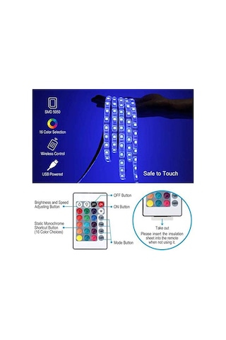 Lemestar 5m 300 Led 2835 Usb Işık Şeridi, 16 Renk, Kumandalı Tv Arka Aydınlatma Seti 24 Tuş Kumanda