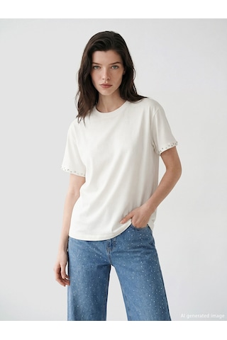 Lcw Comfort Beyaz Taşlı Soft Touch %100 Pamuklu Kadın Tişört