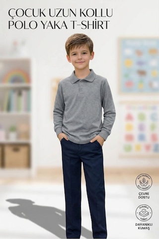 Erdem Kıds Unisex Kız Erkek Çocuk Polo Yaka Pamuklu Uzun Kol Gri Günlük Basic Okul Tişört Gri Gri