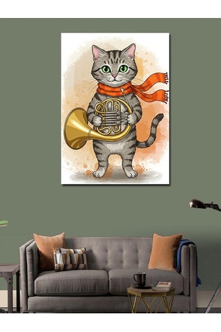 Kanvas Tablo Trombon Çalan Şirin Kedi 70cmx100cm