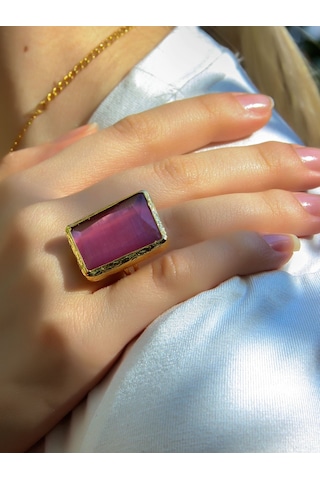 Kedi Gözü Cam Kadın Ayarlanabilir Altın Kaplama Yüzük Pembe Euy69p Pembe