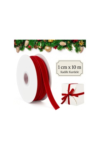 Kırmızı Kadife Kurdele, 1 Cm X 10 Metre, Yılbaşı Hediye Paketi Sü Standart