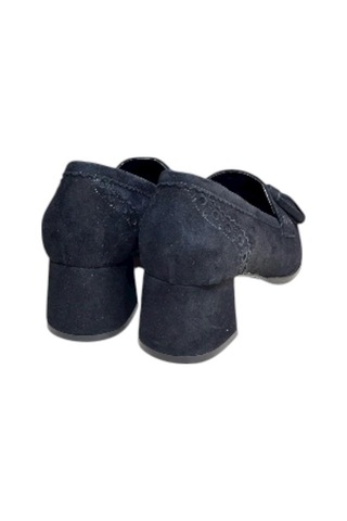 Tufan Shoes Siyah Hakiki Deri Süet Püskül Detay Topuklu Ayakkabı Siyah