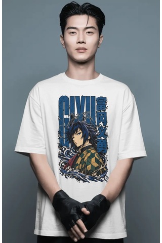 Unisex Oversize Giyu Tomioka Demon Slayer Anime Karakter Ön Baskı Beyaz