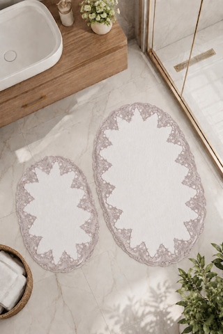 Beyaz 2'li Dantelli Kaymaz Deri Tabanlı Oval Banyo Paspası Güpürlü Yıkanabilir Banyo Takımı Piera Pudra