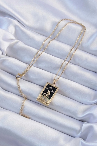 316l Çelik Zincir Gold Renk Zirkon Taşlı Siyah Mineli Kız Figürlü Tarot Kolye çok renkli