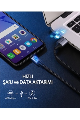 Ugreen 2.4A Micro USB Örgülü Data ve Hızlı Şarj Kablosu Beyaz 1 Metre