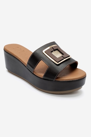 Luvishoes Hıola Kahverengi Hakiki Deri Tokalı Kadın Dolgu Topuklu Terlik