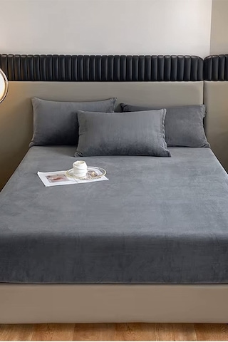 Kadife Kumaş Fitted Lastikli Çarşaf Takımı 160x200+30 Cm Antrasit