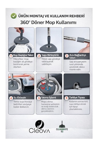 Cleova Cleanmate S2 Pedallı Mop Temizlik Seti Tekerlekli Kova Çıkarılabilir Çelik Sepet