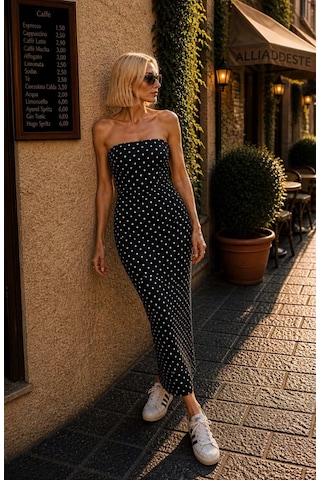 Monaco Dot Sraplez Siluet Elbise Denim Kumaş Midi Boy Lacivert