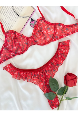 Arinda Butterfly Kırmızı Tül Çiçek Desenli Balenli Kapsız Fırfırlı Bralette Sütyen Tanga İç Çamaşırı Takımı Alt Üst 2 Parça
