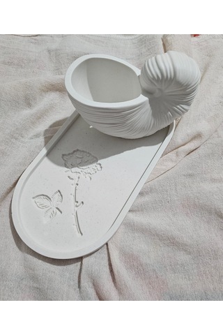 El Yapımı Salyangoz Saksı & Gül Dekorlu Tabak Seti Doğal Ve Zarif Dekoratif Set Beyaz