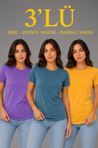 Alfanora Kadın 3 Lü Kısa Kollu Bisiklet Yaka Basic Slim Fit T-shirt - Mor - Petrol Mavisi - Hardal Çok Renkli
