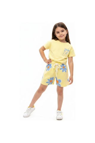 Toontoy Kids Toontoy Kız Çocuk 2'li Şortlu Takım Bisiklet Yaka Kısa Kollu Baskılı Tişört - Beli Lastikli Bağlamalı Baskılı Şort 25035 Açık Sarı