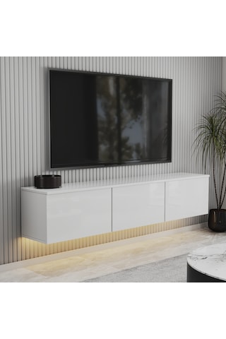 T0020 Alston Duvara Monte Tv Ünitesi Led Işıklı, Modern Tasarım, 160 Cm - Parlak Beyaz Parlak Beyaz
