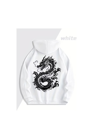 Nevermind Sevgili Çift Kombini Dragon Desenli Hoodie Kapüşonlu Sweatshirt 2 Beyaz