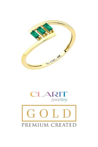 Clarit Jewellery Created Baget Zümrüttaşlı 14 Ayar Sarı Altın Yüzük Created Zümrüt