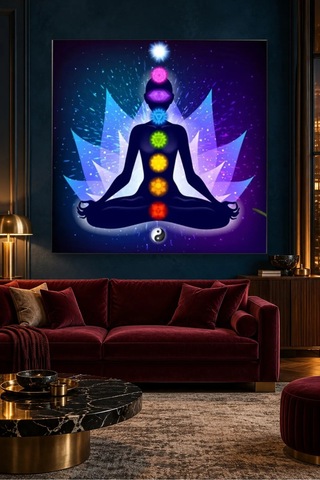 Fida Mavi Işıklı Lotus Ve Yin Yang Çakra Canvas Tablo