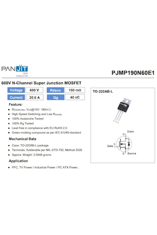 Pjmh190n60e1 600v, 20.6a, 180mohm N-channel Mosfet