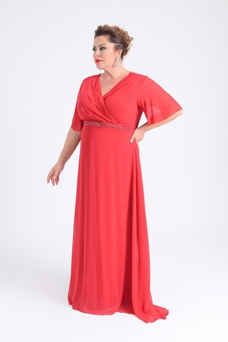 Lilas Xxl Kadın Büyük Beden Uzun Şifon Abiye Elbise 9510 Kırmızı Kırmızı