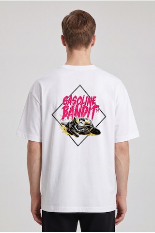Black Nova Oversize Baskılı Unisex %100 Pamuk T-shirt Gasoline Bandit Beyaz
