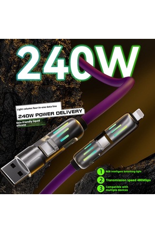 Auris Cb270 240w 4in1 Usb Type-c Lightning 1.2m Rgb Hızlı Şarj Kablosu - Siyah