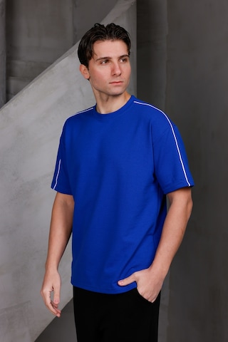 Erkek Şeritli Oversize Bisiklet Yaka 2 İki İplik Kompakt T-shirt Saks
