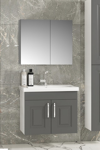 Salkım 65 Cm Beyaz-füme Balon Mdf Seramik Lavabolu Asma Banyo Dolabı Takımı Beyaz - Füme