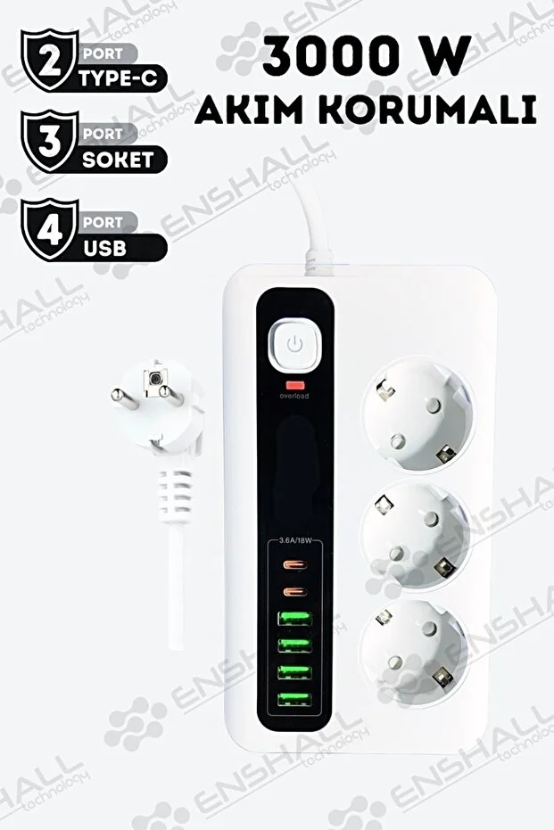 Pro P10 3x Priz 3000w Akım Korumalı 4x Usb 2x Type-c Girişli Çoklu Priz 2