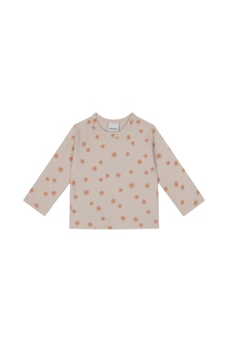 Antebies Bej Kır Çiçekleri Desenli Bambu Kumaş Bel Lastikli Bağcıklı Uzun Kollu Kız Bebek Tshirt Pantolon Set Krem