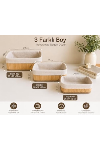 Bambu Organizer Sepet 3 Lü Set Kumaş Kaplı Dekoratif Saklama Kutusu, Çok Amaçlı Düzenleyici Banyo, Mutfak, Dolap Açık Ahşap
