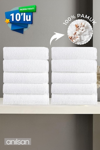 10'lu Beyaz El Havlusu - 50x90 Cm, 225 Gr, %100 Pamuk, Spa Ve Otel Havlusu, Günlük Kullanıma Uygun Beyaz